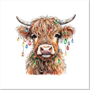 Baby Highland Cow With Christmas Lights Posters and Art